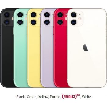  Apple iPhone 11 (2019): 6.1-inch, 4GB Memory, 128GB Memory, 12MP CAM, LTE > Black, White, Green, Yellow, Purple, Red 