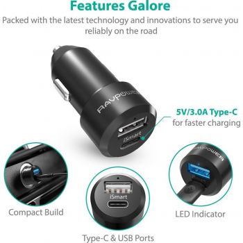  RAVPower Dual Ports Type-C Car Charger 36W, Black 