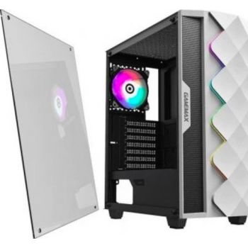  GameMax White Diamond ARGB Mid-Tower PC Gaming Case, ATX, 3 Pin Aura Male & Female Connectors, Built in ARGB LED Strip, 1 x 120mm ARGB Fan Included, Water-Cooling Ready White 